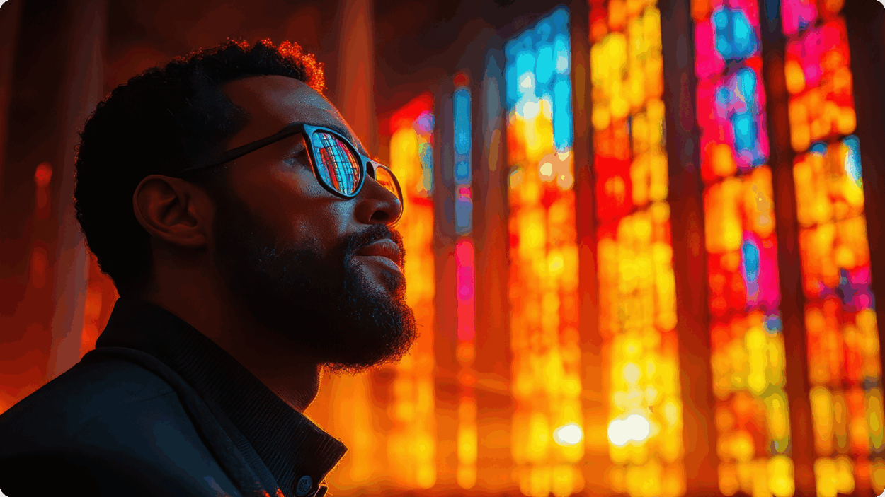Man looking at a stained glass window in a Church